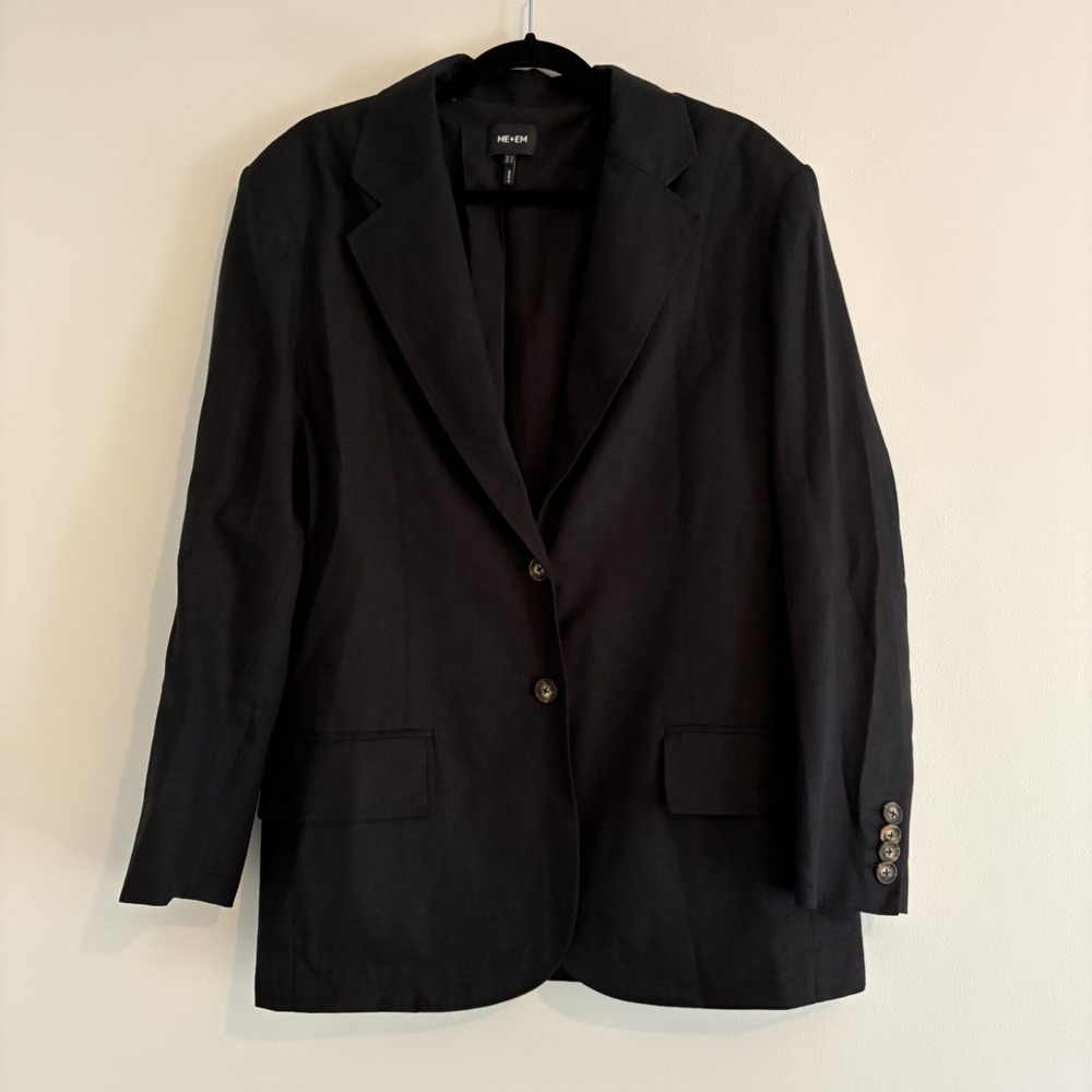 Me + Em Linen Blend Blazer Black Size 10 Career Business Capsule Shoulder Pads
